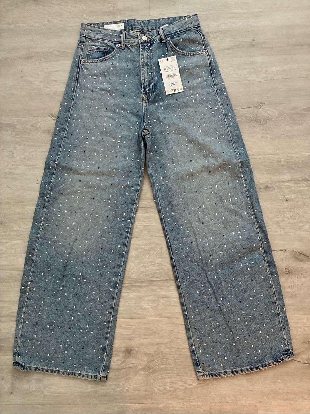 Zara Blue Straight-Leg Jeans with Pearl Dots
